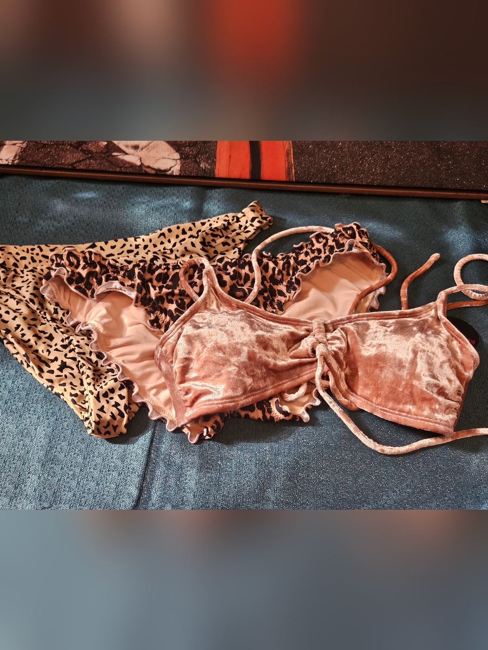 Bundle 3 Piece Swim: Velvet Tie-Front Bikini Top with Two Leopard Print Bottoms